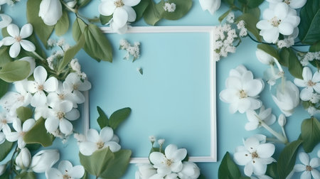 White flowers and frame on blue background. Flat lay, top viewの素材