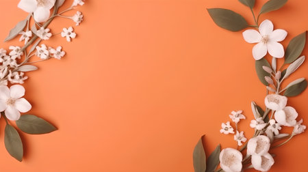 Flowers composition on orange background. Flat lay, top view, copy spaceの素材