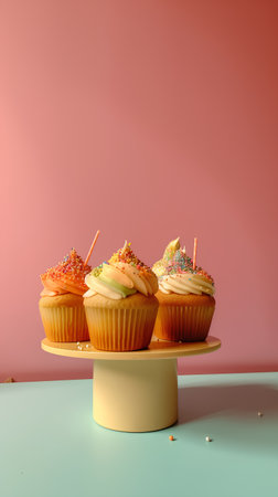 Cupcakes with cream and candies on a stand on a pink backgroundの素材
