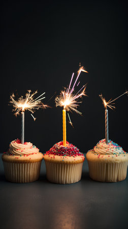 Birthday cupcakes with sparklers on black background. Copy space.の素材
