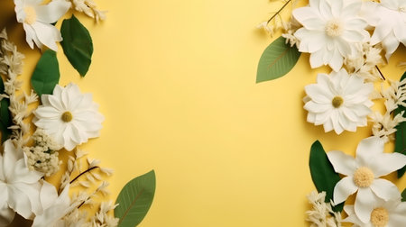 White flowers and leaves on yellow background. Flat lay, top viewの素材