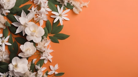 Flowers composition. Frame made of flowers on orange background. Flat lay, top view, copy spaceの素材