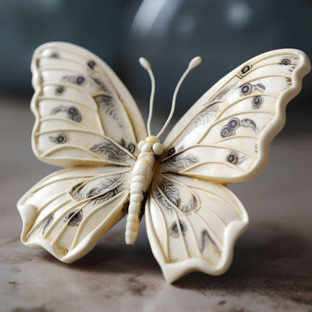 butterfly made of porcelain on a dark background.の素材
