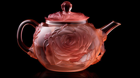 Glass teapot with rose flower inside isolated on black background.の素材