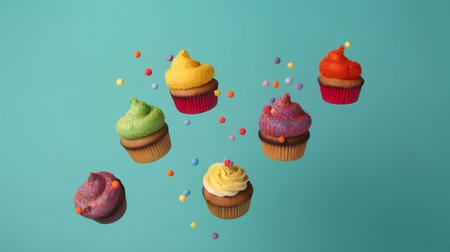 Colorful cupcakes flying in the air. 3d rendering.の素材