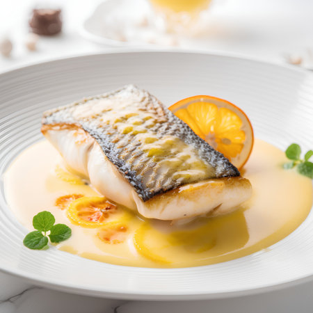 Seabass fillet with lemon and orange sauce on white plateの素材