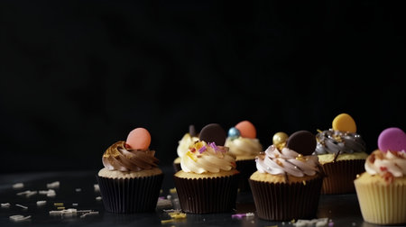 Cupcakes with chocolate eggs and sprinkles on black background.の素材
