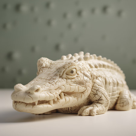 Close up of crocodile figurine on white table with copy spaceの素材