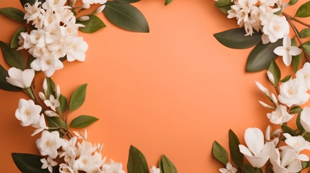 Frame of white flowers and green leaves on orange background with copy spaceの素材