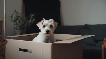 Jack russell terrier dog in a cardboard box at homeの素材