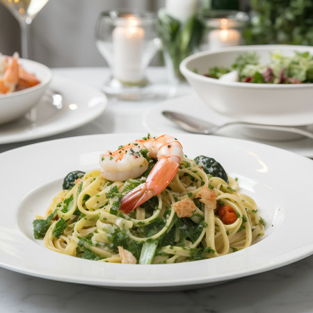 Spaghetti with shrimp and spinach in white plate on table in restaurantの素材
