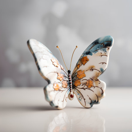 Butterfly figurine made of porcelain on a gray backgroundの素材
