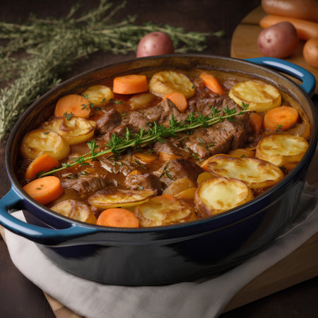 Beef Bourguignon with potatoes and thyme in a panの素材