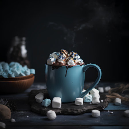 Hot chocolate with marshmallows in blue cup on dark wooden backgroundの素材