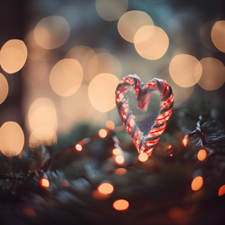 Christmas heart-shaped candy canes on a bokeh backgroundの素材