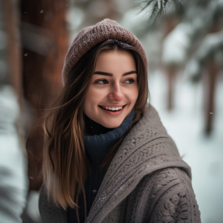 Portrait of a beautiful smiling girl in a gray coat in the winter forestの素材