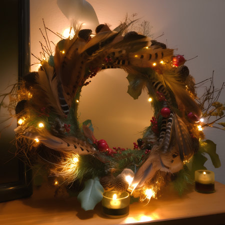 Christmas wreath with burning candles and bokeh on wooden shelfの素材