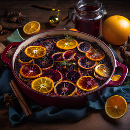 Christmas mulled wine with oranges, cinnamon and anise on wooden backgroundの素材