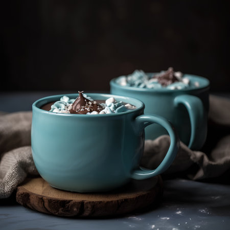 Hot chocolate with marshmallow in blue cups. Selective focus.の素材