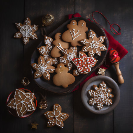 Christmas gingerbread cookies on dark wooden background. Top view with copy spaceの素材