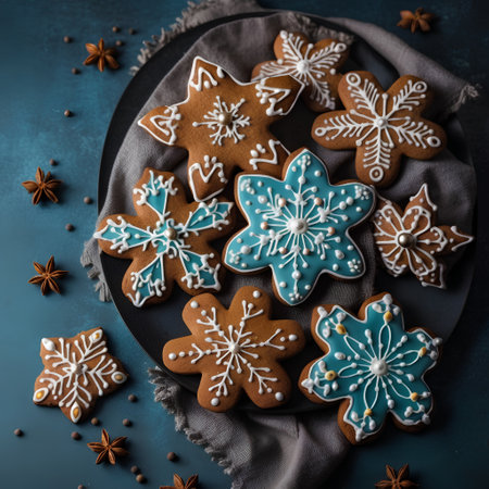 Homemade gingerbread cookies in the shape of snowflakes on a blue backgroundの素材