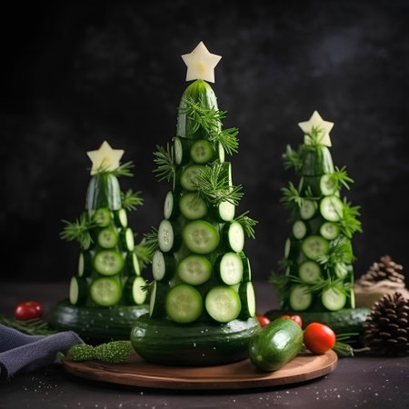 Christmas tree made of cucumbers and dill on a black backgroundの素材