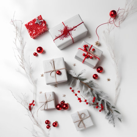 Christmas composition. Gifts, branches and decorations on white background. Flat lay, top viewの素材