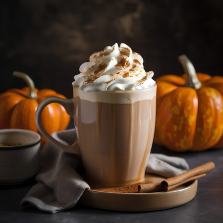 Pumpkin latte with whipped cream and cinnamon on dark backgroundの素材