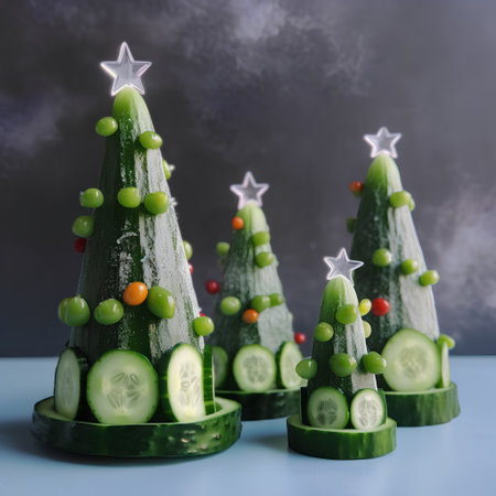 Christmas tree made of cucumbers and gingerbreads. Selective focus.の素材