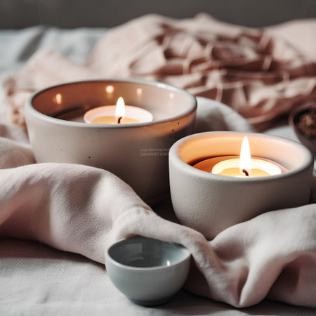 Burning candles in a white ceramic bowl on a beige fabricの素材