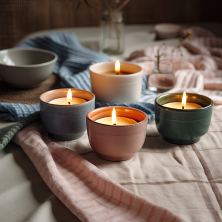 Aromatherapy candles in ceramic bowls on a linen tableclothの素材