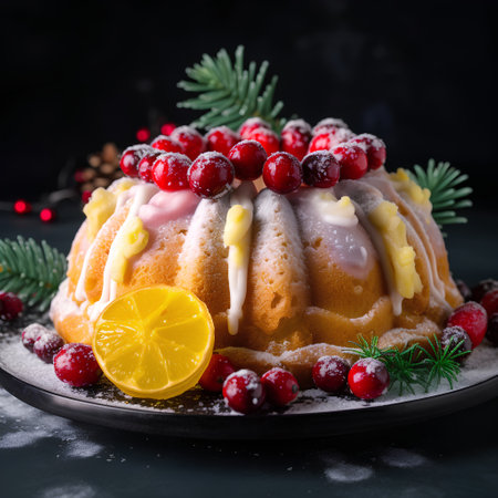 Christmas bundt cake with cranberries and lemon on a black backgroundの素材