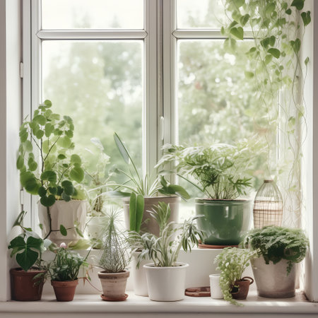 Various houseplants on the windowsill in a room with green plantsの素材