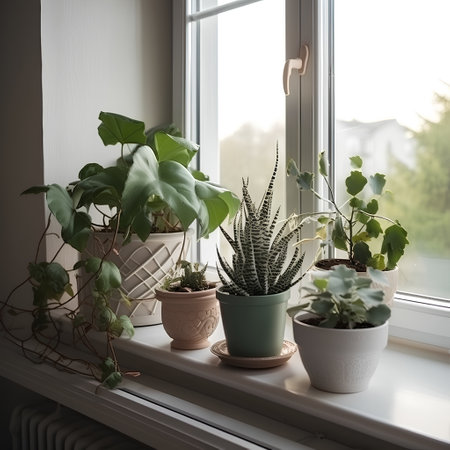 Houseplants in pots on the windowsill. Cozy home interiorの素材