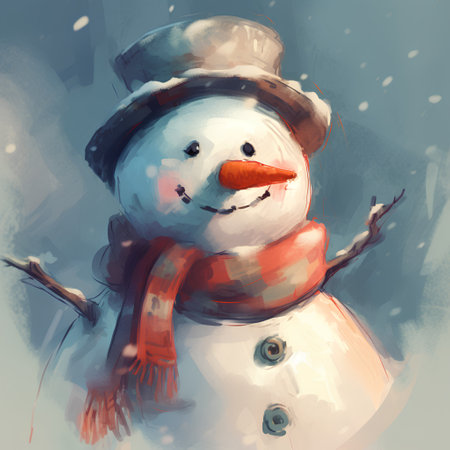 Digital watercolor painting of a snowman with red scarf and hatの素材