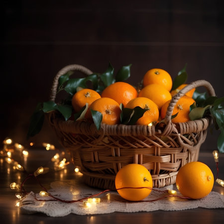Fresh tangerines in a basket on a wooden background with Christmas lightsの素材