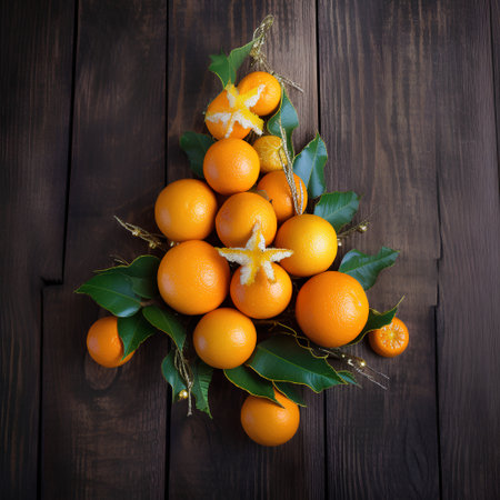 Christmas tree made of fresh tangerines on a dark wooden backgroundの素材