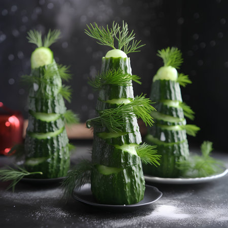Christmas tree made of fresh cucumbers and dill on dark backgroundの素材