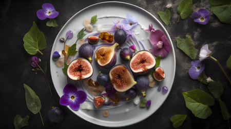 Fresh figs with edible flowers and leaves on a black background.の素材
