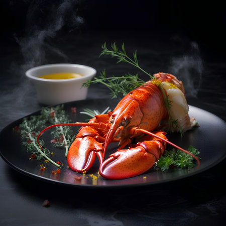 Boiled lobster with herbs and olive oil on black plate over dark backgroundの素材