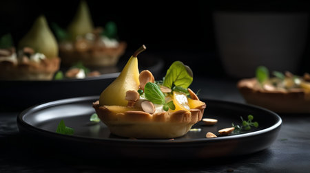 Delicious tartlets with pears and nuts on a black backgroundの素材