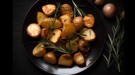 Baked potatoes with rosemary and onion on a dark background.の素材