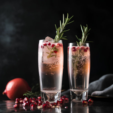 Cocktail with pomegranate and rosemary on black backgroundの素材