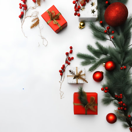 Christmas composition. Gifts, red balls, pine branches on white background. Flat lay, top view, copy spaceの素材