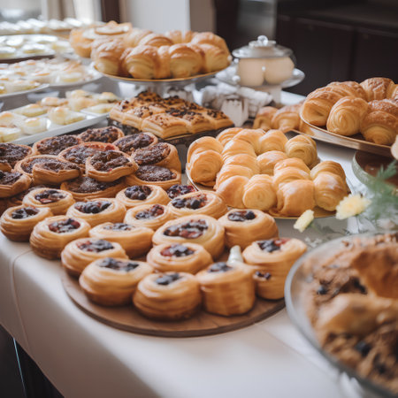 Catering buffet with variety of pastries and croissantsの素材