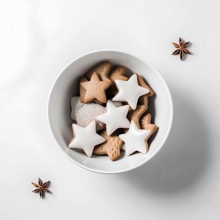 Christmas cookies in a bowl on a white background, top view.の素材