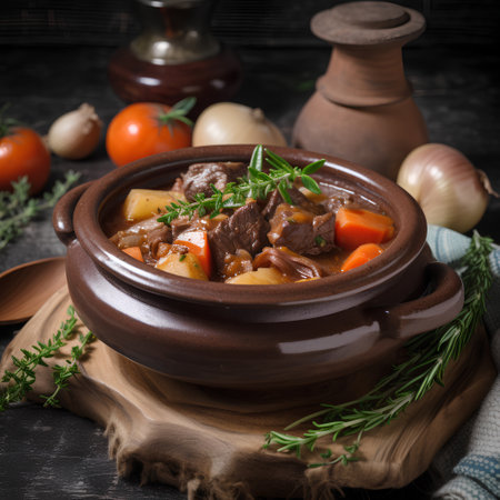 Beef stew with vegetables in a clay pot on a wooden backgroundの素材