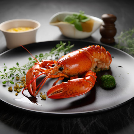 Lobster on a black plate with sauce and herbs on a black backgroundの素材