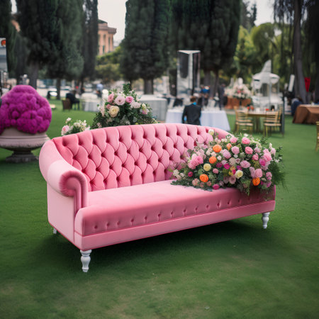 Luxury pink sofa with flowers on the lawn in the parkの素材