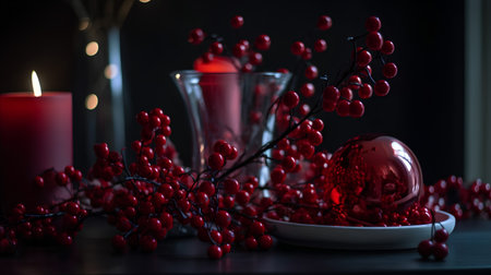 Easter eggs and red berries on a dark background with candles.の素材